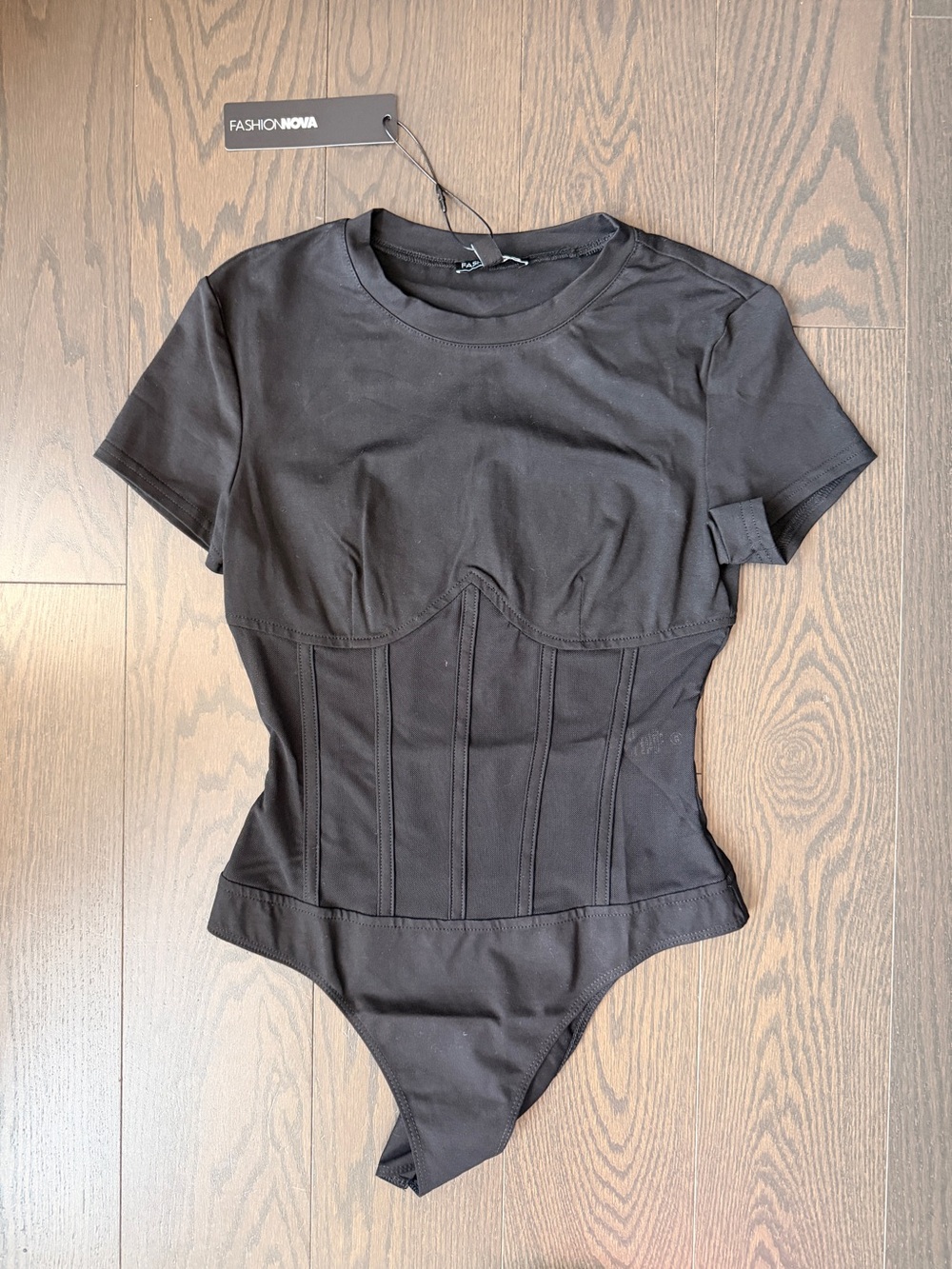 Fashion Nova Black Short Sleeve Mesh Corset Bodysuit - Picture 2 of 2